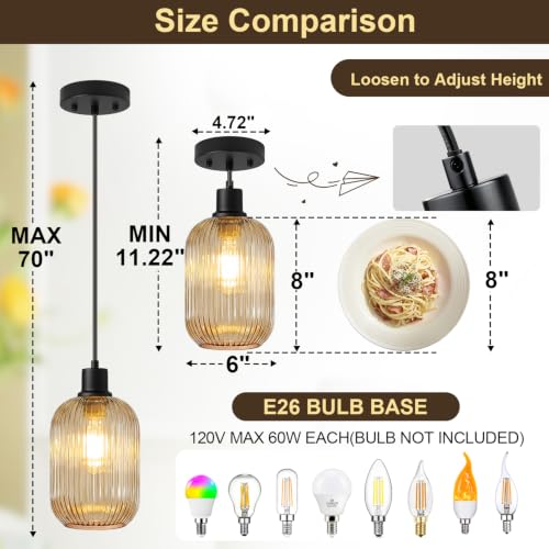 2 Pack Pendant Lights with Vintage Amber Ribbed Glass Lampshade (2 Count)