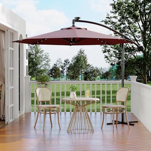 10FT Solar Lights Offset Patio Umbrella with Cross Base