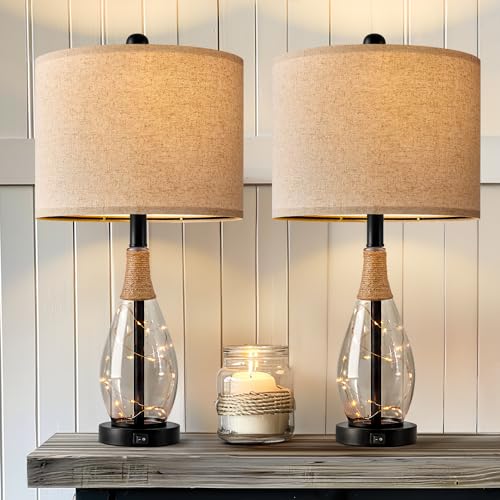 23" Table Lamps for Living Room Set of 2 Bedside Lamps for Night Stands Bedroom Lamps Farmhouse Rattan Boho Lamp Glass Nightlight End Table Lamp with USB C+A (2 Count)