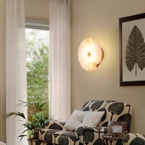 9.84 Inch Round Natural Alabaster Wall Sconce Marble Stone Light Decor for Wall
