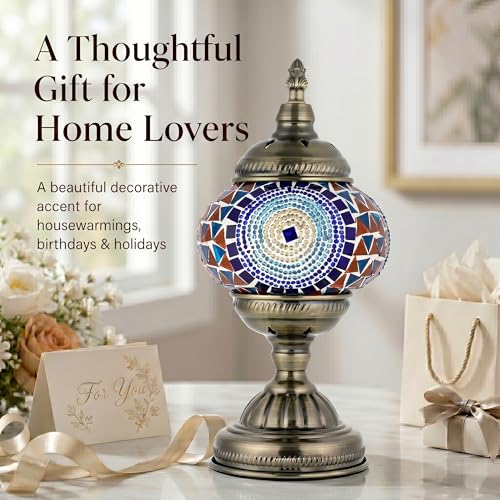 Turkish Moroccan Table Lamp Lantern with Handmade Mosaic Glass Lampshade Tiffany Style Bohemian Stained Glass Decorative Desk Lamps Bedside Night Lights for Bedroom