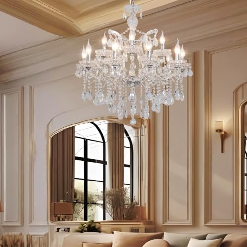 Modern Maria Theresa Chandelier 2 Layers 15 Lights Large Crystal Chandeliers for High Ceiling Dining Room