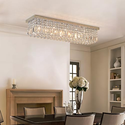 Crystal Chandelier for Dining Room 39.3" Modern Gold K9 Crystal Rectangle Chandeliers Flush Mount Pendant Light Fixture Kitchen Island Bar Dining Room Bedroom Bathroom Hotel
