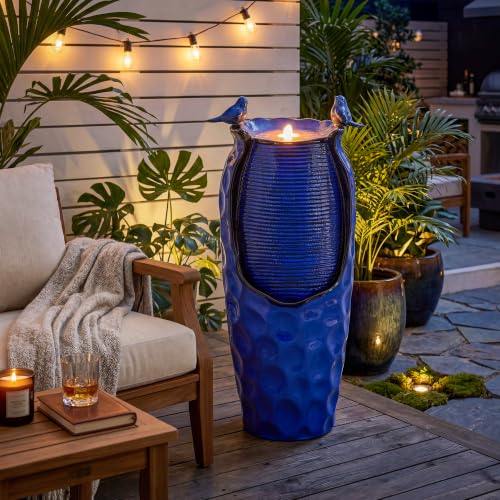 Autodaya 33" Vase Ceramic Outdoor Water Fountain with Lights and Birds