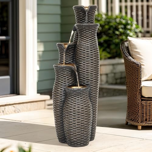 33" Faux Rattan Vase Water Fountain Outdoor with Warm LED Lights
