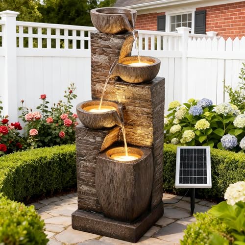 Solar Water Fountain Outdoor Garden 4 Tiers Stone Texture Modern Fountains