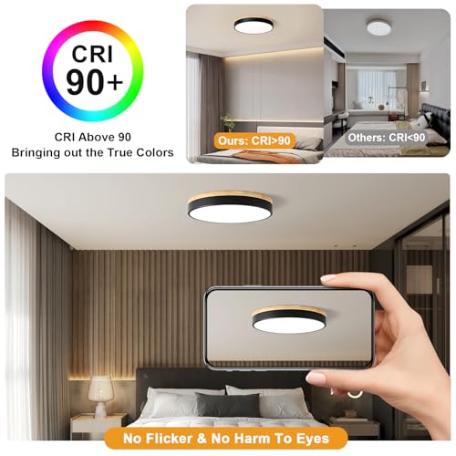 Modern LED Wood Black Round Flush Mount Ceiling Light 15.74 Inch