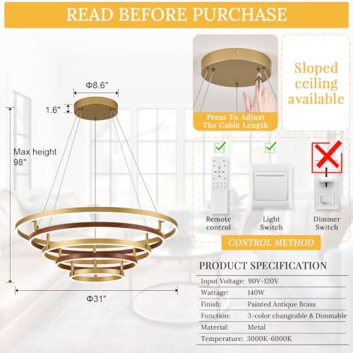 5 Ring LED Chandelier Modern Chandeliers Red Walnut Wood Gold Dimmable 31''