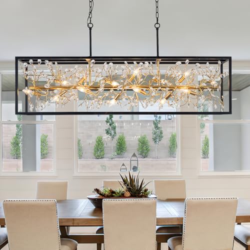 Modern Black and Gold Rectangle Crystal Chandelier for Dining Room