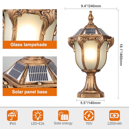 2 Packs Solar Pillar Lamps 18.1In Outdoor Post Caps Light Solar Power Post Lighting Bronze Column Lamps with Glass Waterproof Landscape Lighting Fence Deck Bollard Light Mailbox Yard Path Lamp