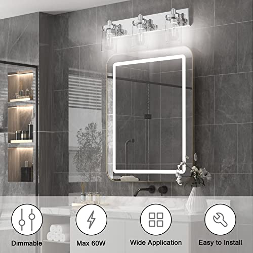 Chrome Vanity Light for Bathroom 3 Light Farmhouse Bathroom Lights Fixtures Over Mirror with Clear Glass Shade