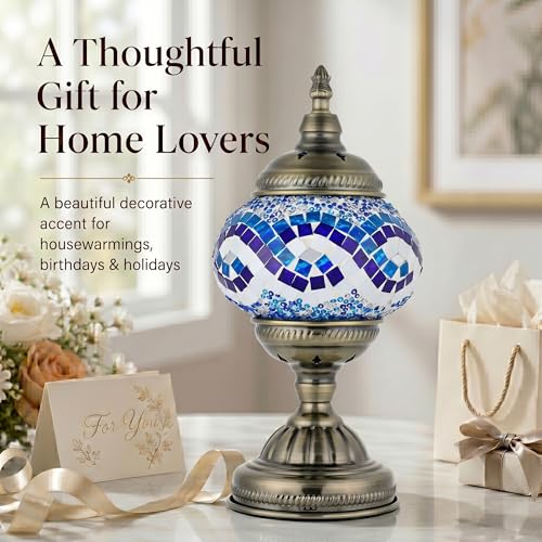 Turkish Moroccan Table Lamp Lantern with Handmade Mosaic Glass Lampshade Tiffany Style Bohemian Stained Glass Decorative Desk Lamps Bedside Night Lights for Bedroom