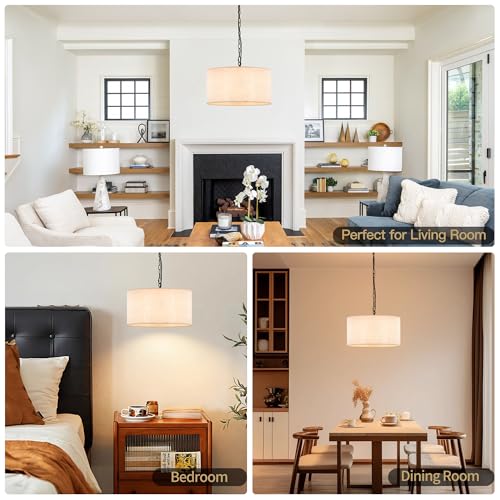 3 Light Plug in Pendant Light with Linen Drum Shade