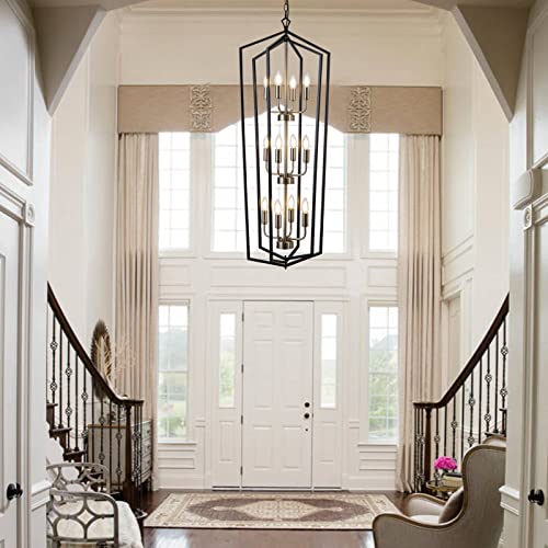 12 Light Lantern Tired Foyer Entryway Hanging Lights Farmhouse High Ceiling Pendant Lights Industrial Chandelier for Hall Foyer Entryway Living Room