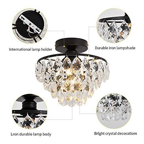 Modern Small Crystal Ceiling Light Fixture Mini Black Semi Flush Mount Chandelier Light Fixture for Hallway Bedroom Bathroom Closet e26