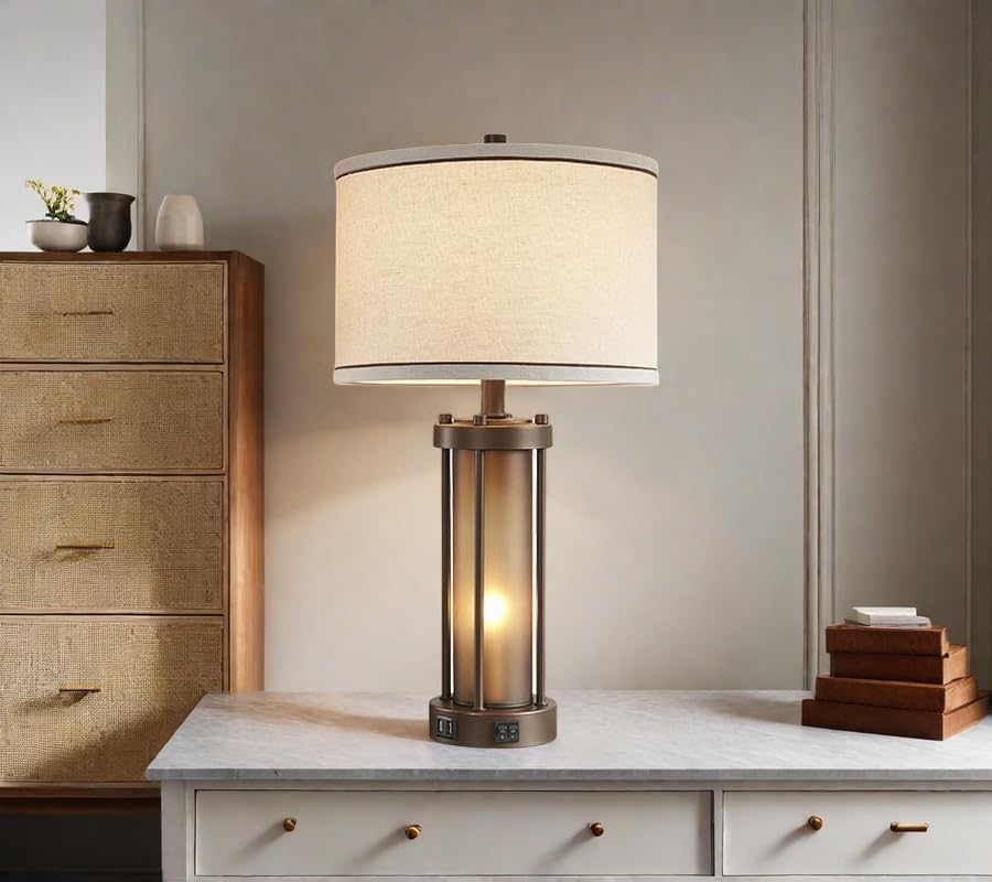 Farmhouse Table Lamps for Living Room with USB C+A Ports