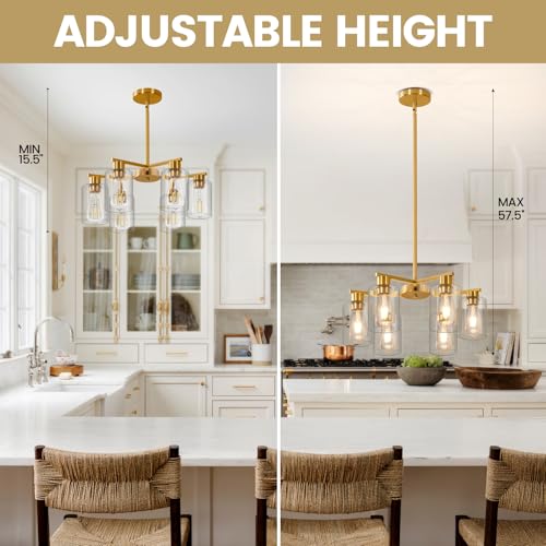 6-Light Modern Gold Chandelier Farmhouse Dining Room Light Fixture with Clear Glass Shade Hanging Ceiling Pendant Lighting for Kitchen Island Living Room Hallway
