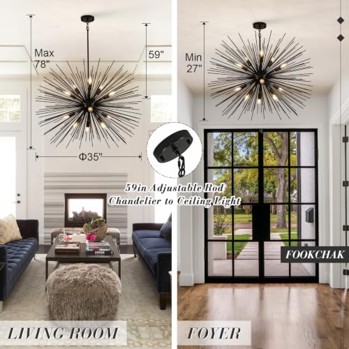 35in Black Sputnik Chandelier 12 Light Starburst Light Fixture Solid Metal