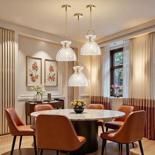 Gold Pendant Light Kitchen Island with 9.84'' Striped Glass Shade