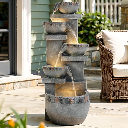4 Tier Outdoor Water Fountain Outdoor with Pebbles and Warm LED Lights