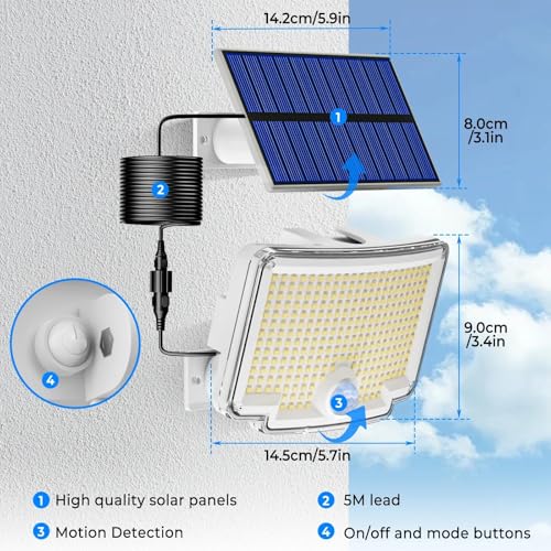 318 LED Solar Motion Lights Outdoor Waterproof with 16.4 FT Cable