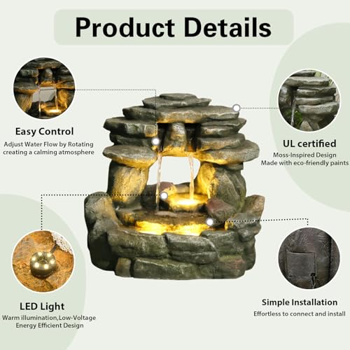 15.6" H Small Garden Outdoor Rock Water Fountain with LED Lights