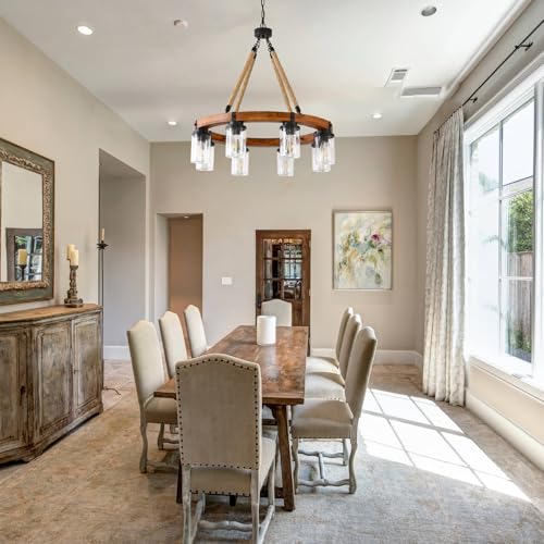 9 Light Round Wagon Wheel Chandelier Farmhouse Rustic Pendant Light Fixture with Seeded Glass Shades