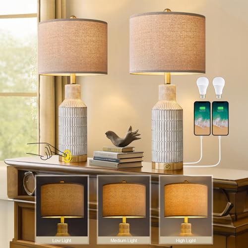 25" Modern 3 Way Dimmable Touch Control with USB A+C Ceramic Lamps Set of 2 Table Lamp for Living Room Bedroom Farmhouse Nightstand Bedside Lamps (2 Count)