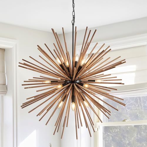 37.4" Farmhouse Sputnik Chandelier for Dining Room Rustic Handmade Natural Wood 18