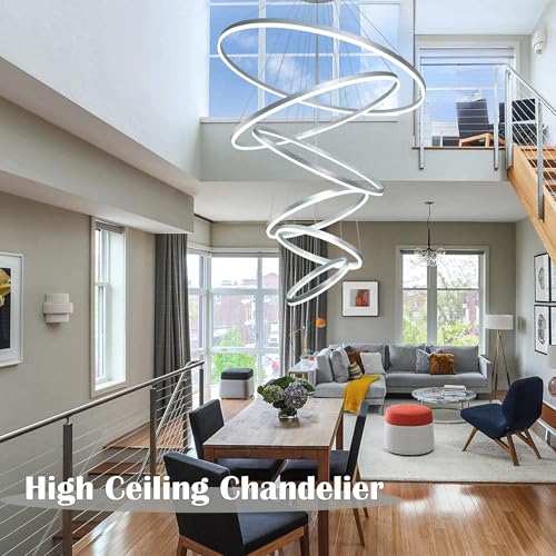 6 Rings Pendant Lights 47.2'' Modern Height Adjustable Chandeliers Sliver Led Chandelier Dimmable Sliver Chandelier Led Pendant Light for Dining Room Bedroom Living Room