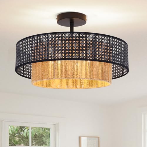 Black Boho Wicker Ceiling Light Fixture