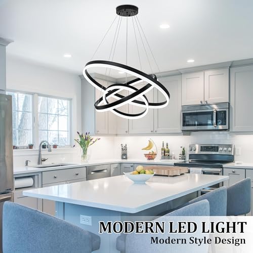31.5" Black Modern Led Chandelier 3 Ring Modern Led Pendant Light Contemporary Ring Chandeliers Dimmable Chandeliers Color Temperature Adjustable Height Hanging Chandelier for Living Room