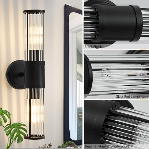 Hardwired Black Bathroom Vanity Light Glass Rod Wall Sconce