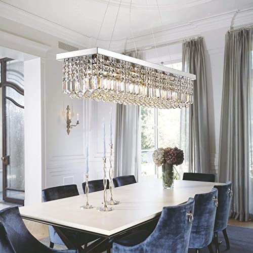Rectangle K9 Crystal Chandelier Modern Rectangular Pendant Light Fixture for Dining Room Kitchen Island Chrome L31.5 x W10 x H10