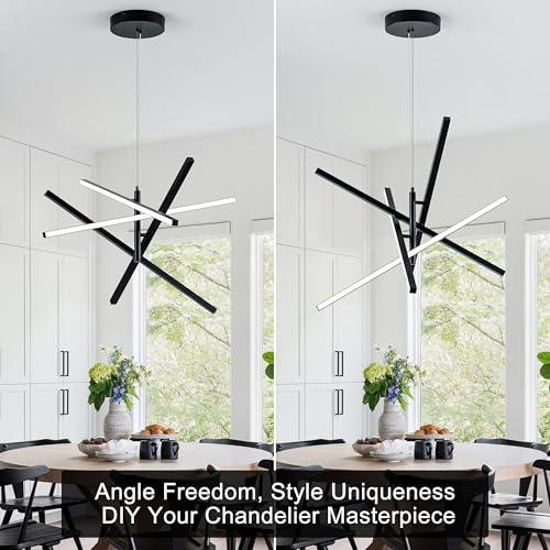 Modern LED Chandelier Linear Pendant Light Dimmable 4 Lights Linear Chandelier 3000K,4000K,6000K Hanging Pendant Lighting for Kitchen Island Living Dining Room Restaurant Office (Black)