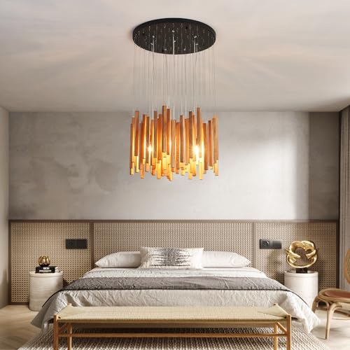 8 Light Farmhouse Wood High Ceiling Chandelier Rustic Large Ceiling Light Fixture Hanging Pendat Light for Dining Room Living Room Foyer Staircases Kitchen Island