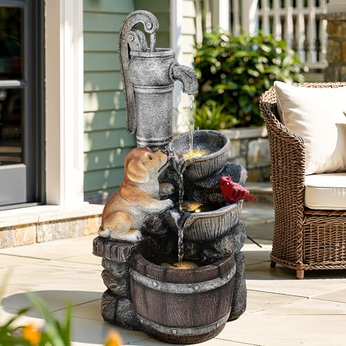30" Puppy & Red Bird Outdoor Fountain