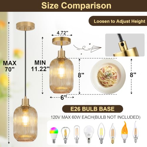 2 Pack Amber Cylinder Pendant Lights Kitchen Island with Ribbed Lampshade (2 Count)