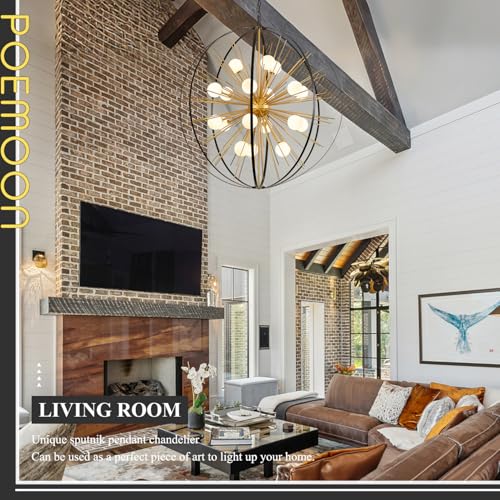 43.2" 18 Light Black Gold Sputnik Chandelier with Milk Glass Shade