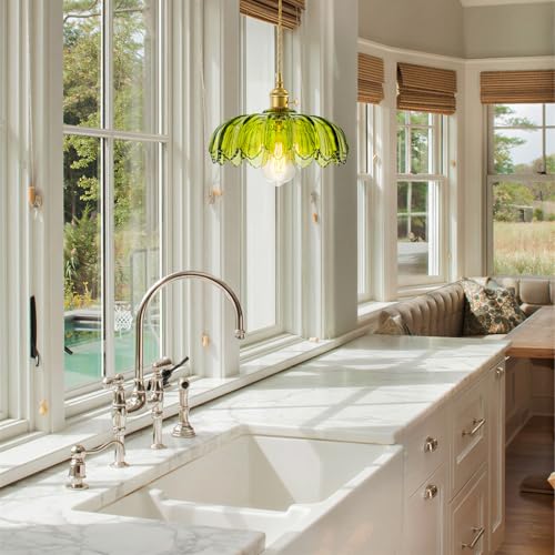 EDSILIVE Vintage Flower Glass Pendant Lights Kitchen Island 9.84" Antique Flower Green Glass Hanging Ceiling Light Fixture with Adjustable Brass Twine Wire for Dining Room Kitchen Table