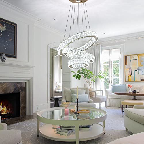 Modern LED Chandeliers Crystal Pendant Light 3 Ring Chandelier Hanging Crystal Ceiling Light Fixture Adjustable Pendant Light for Living Room Dining Room Bedroom Foyer Gold (Cool White)