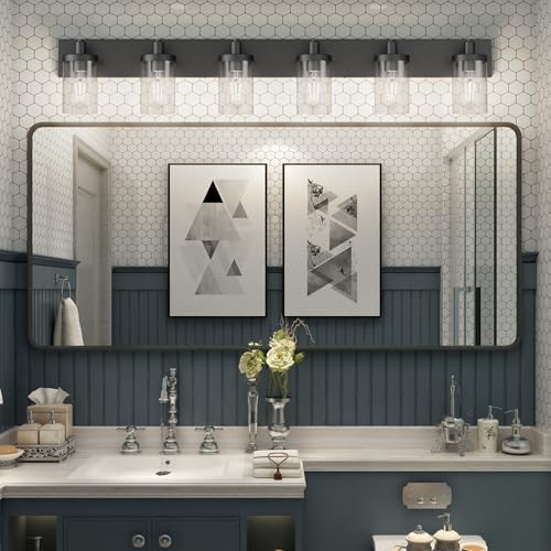 48in Vanity Light Black Bathroom Vanity Lighting Fixtures 6 Light Bathroom Light Fixtures with Clear Glass Shade