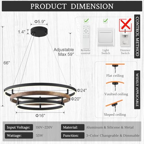 Modern LED Chandelier Black Wood Dimmable 3 Ring Foyer Entry Chandeliers