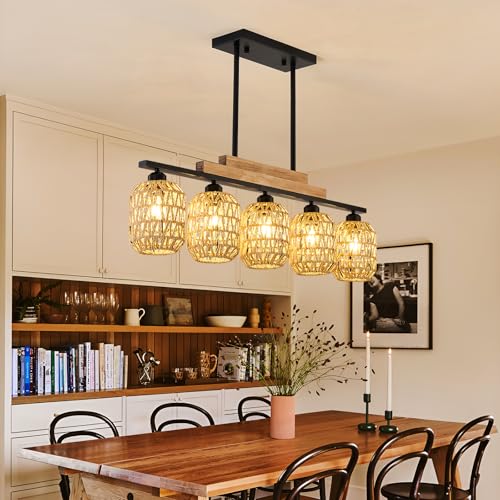 Dining Room Light Fixture 5 Light Large Rattan Kitchen Island Lighting with Boho Wicker Shade Chandelier Farmhouse Hanging Pendant Light for Living Room Bar Restaurant Bedroom