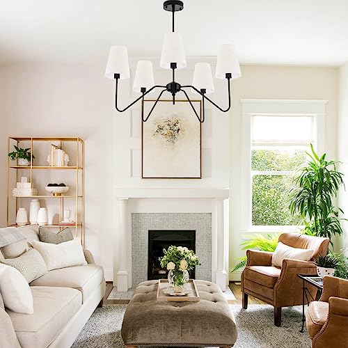 5-Light Modern Chandeliers, 30" Black Farmhouse Light Fixture | Linen Beige Fabric Shade, Adjustable Hanging Lights for Living Room, Bedroom, Hallway, Entryway, Kitchen Island, E12