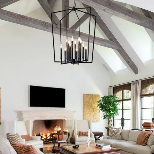 Modern Large Black Lantern Foyer Entryway Chandelier