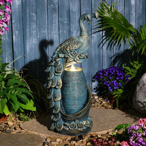 Peacock Outdoor Water Fountain 32" H Cascading Waterfall Fountain with LED Lights & Pump Tiered Water Feature for Garden