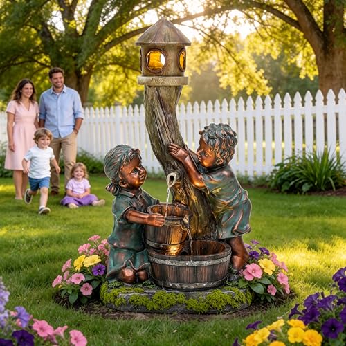 AUTODAYA 31" Boy and Girl Outdoor Fountain LED 3
