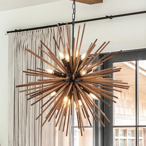 31.3" Farmhouse Sputnik Chandelier for Dining Room Rustic Handmade Natural Wood 16