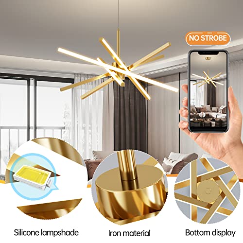 Modern Sputnik Chandelier Ceiling 82W LED Gold Pendant Light Embedded Mount Chandeliers Dining Room Light Fixtures Over Table Dimmable with Remote Control for Living Room Kitchen Bedroom 31.5 inches